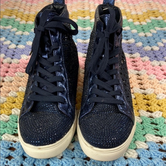 Lady Couture New York Rhinestone Bedazzled Cutout Blue High-Top Sneakers Shoes 9 - Picture 6 of 13